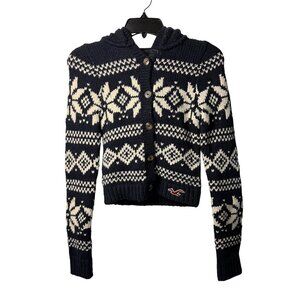 VTG Y2k Hollister XS Navy White Wool Button Up Hoodie Sweater Snow Winter Ski